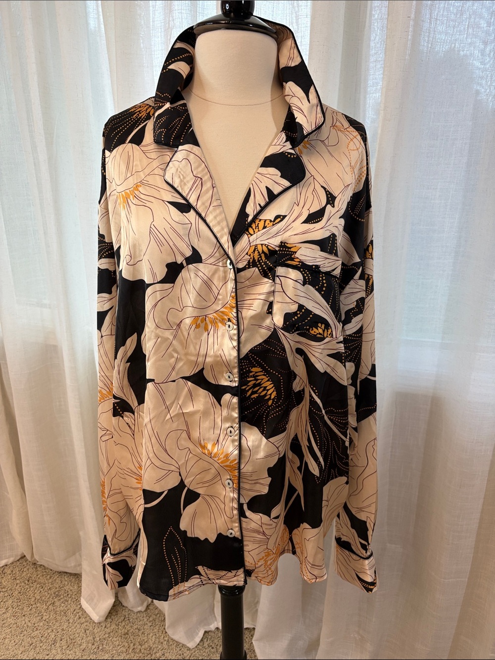 Topshop Black & Cream Satin Floral Button-Down Shirt